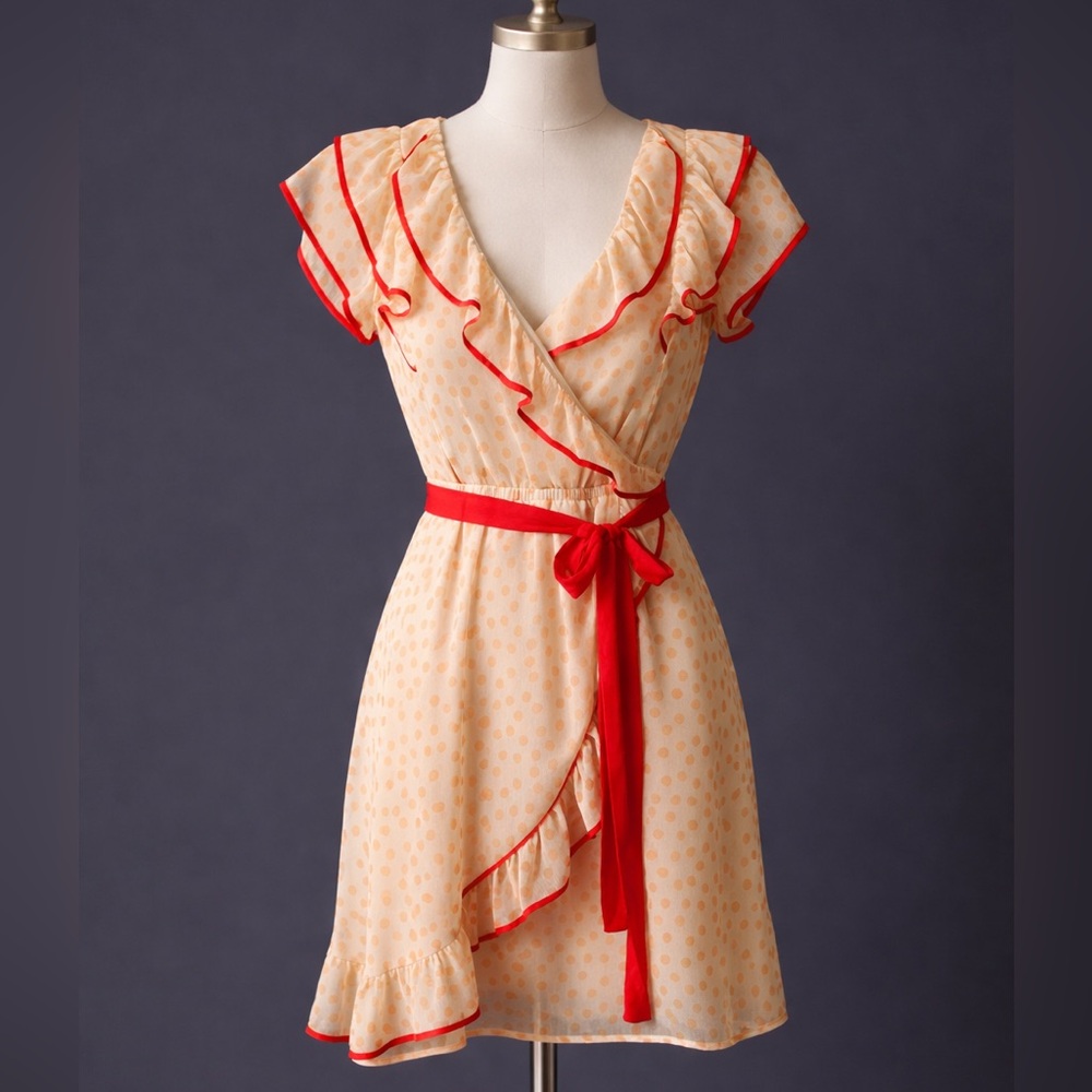 Chic Red and Cream Ruffle Wrap Dress